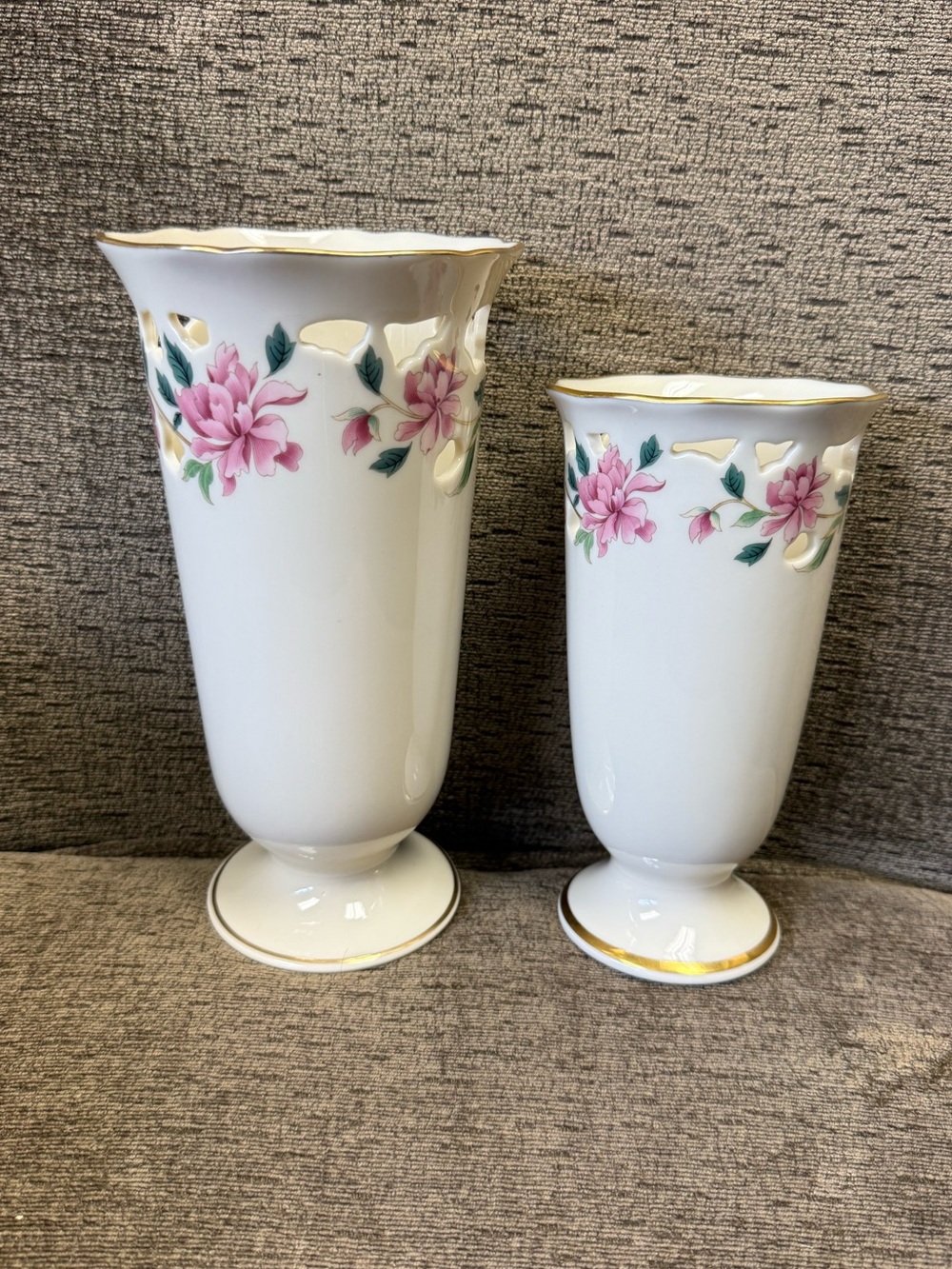 Pair of Vintage Lenox Barrington Porcelain Pedestal Vases Pink Floral Accents.
